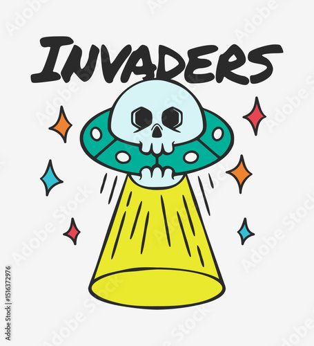 Colorful illustration of a UFO with a skull face beaming light, combined with the word "Invaders" in playful hand lettering.