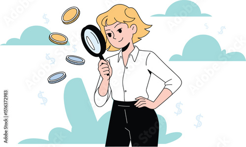 Businesswoman Analyzing Coins with Magnifying Glass, Financial Exploration Concept, Money Investigation Illustration, Wealth Management, Cartoon Professional Character,