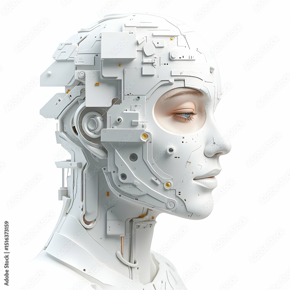 Naklejka premium Futuristic Robot Head with Human Eye and Complex Design