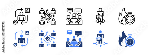 Work experience icon set with Adaptability, Collaboration, Meeting, Job Position, Deadline.