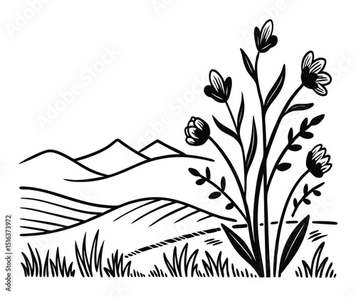 Black and white illustration of a scenic landscape depicting rolling hills with wildflowers blossoming in the foreground.