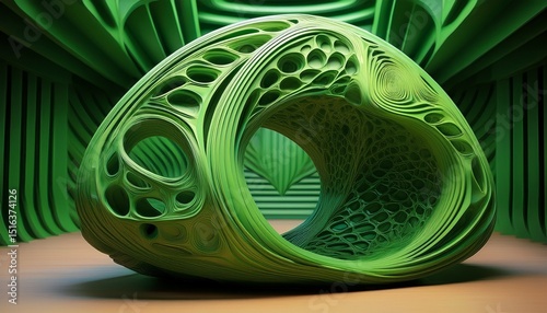 intricate green 3d printed structure with organic patterns and open spaces in a modern art installation
