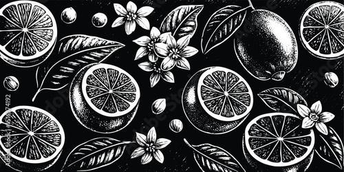 Black and white citrus fruit and blossom pattern