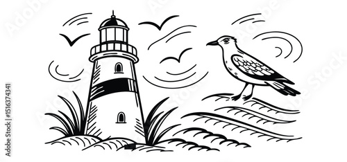 Illustration of a lighthouse on a coastline with a bird flying near the sea and some wavy lines