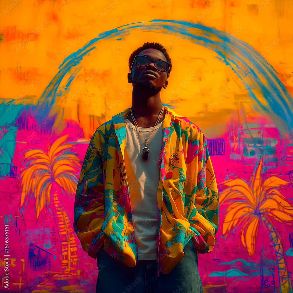 Obraz premium A young African Nigerian Afrobeats musician in street clothes. A summery Vice City vibe, graffiti, palm trees, the ocean, and a giant sun painted on the wall. Colorful design image for an album cover.