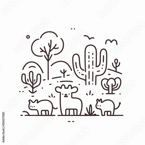 Australian outback landscape with animals and cacti in line art style  