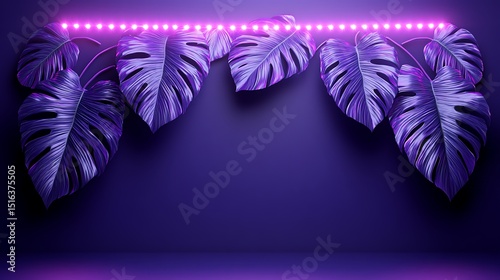 Purple Monstera Leaves Illuminated With Pink Neon Strip Lights