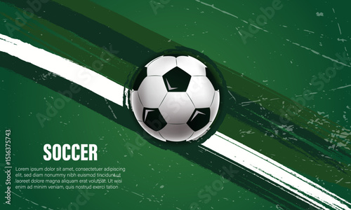 Grunge soccer template with football ball on green textured background. Ideal for sports flyers, tournament posters, or team advertisements.