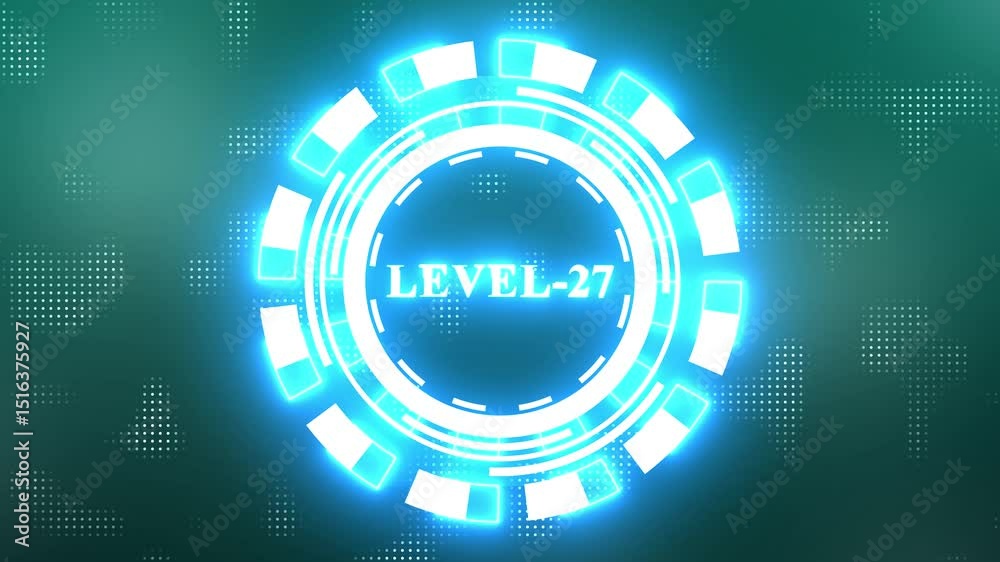 Level-27 text glowing animation with neon line HUD element technology background.