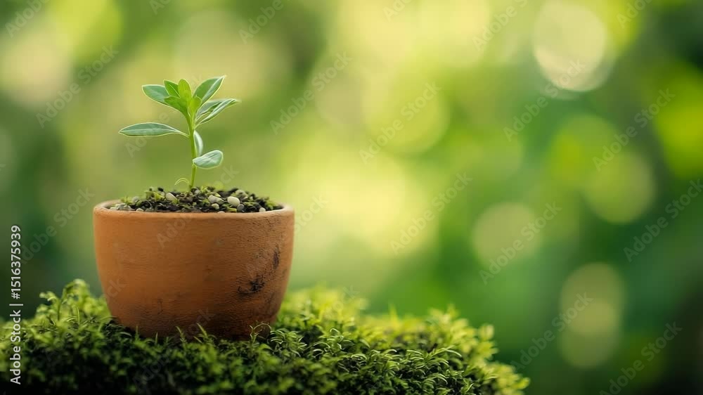 Young plant sprouting in terracotta pot with blurred green bokeh background