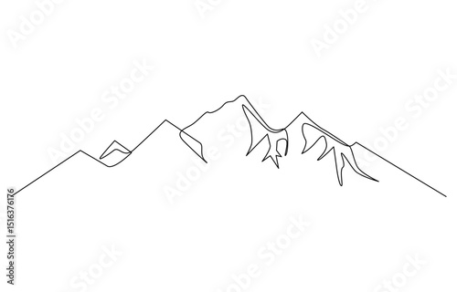 One continuous line drawing of the mountain vector illustration, Mountain - continuous line drawing. One line mountain range landscape background. Rocky peaks in simple linear style.