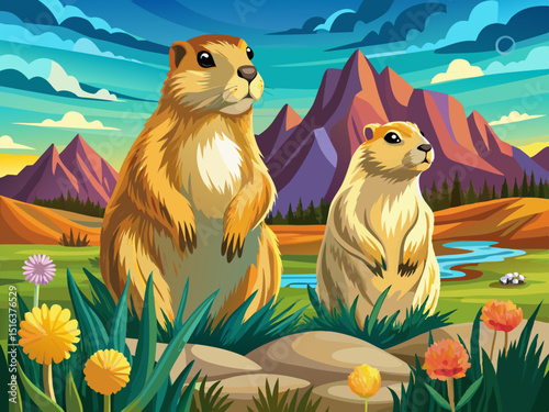 vector of Two prairie dogs stand in the background of a vast meadow.