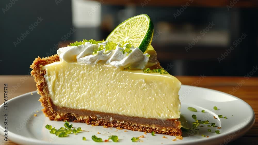 A key lime pie with a slice missing and a graham cracker crust.