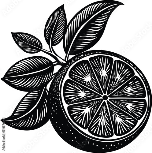 Vintage black and white illustration of a lime with leaves