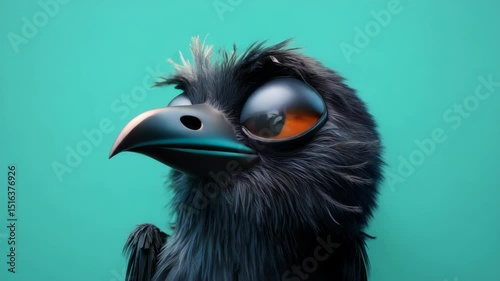 Adorable 3d black owl with large orange eyes on a turquoise background
