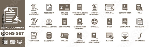 Legal document icon set.  legal document icons, legal document, agreement, contract, passport, official letter, testament, driving license, certificate, id card, Vector solid icons collection.