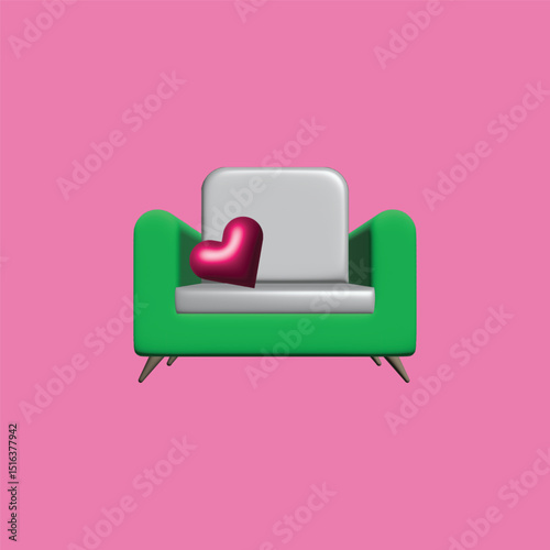Stylish green armchair with a heart-shaped pillow on a pink background.