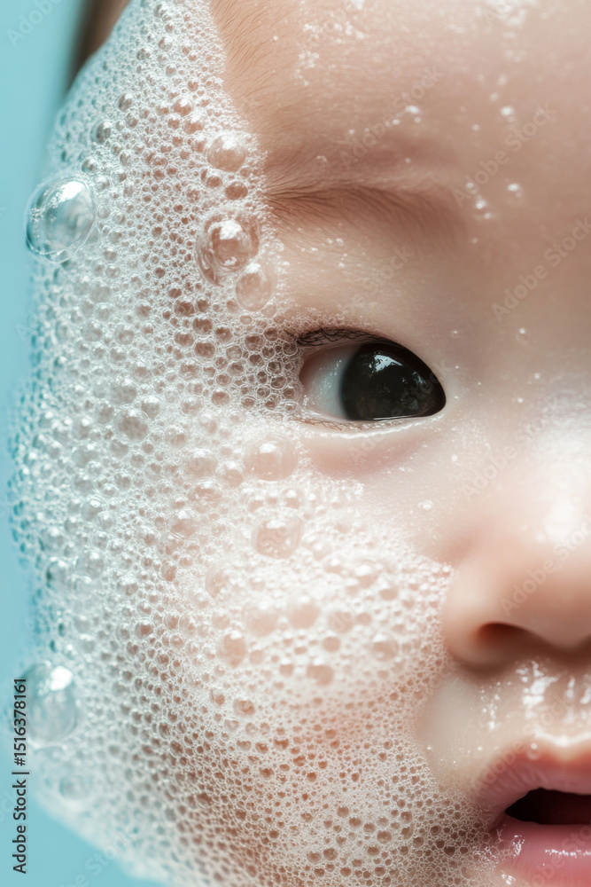 Fototapeta premium Close-up of bubbles with child on the light blue background
