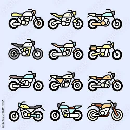 Monochrome motorcycle collection icon vector with detailed outlines in black and white, great for logos, icons, minimalistic projects, or technical diagrams.