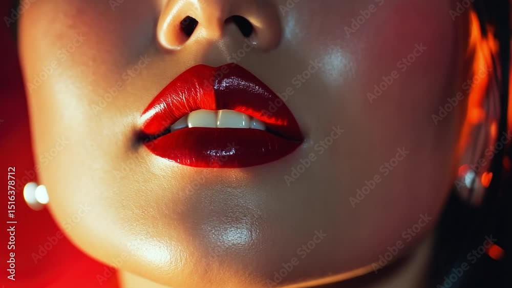Seductive Lips and Intense Gaze: The striking visage of a person with radiant skin and luscious, red-painted lips, exuding confidence and allure.