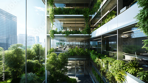 Modern Green Office Building with Lush Vertical Gardens and Urban Skyline View