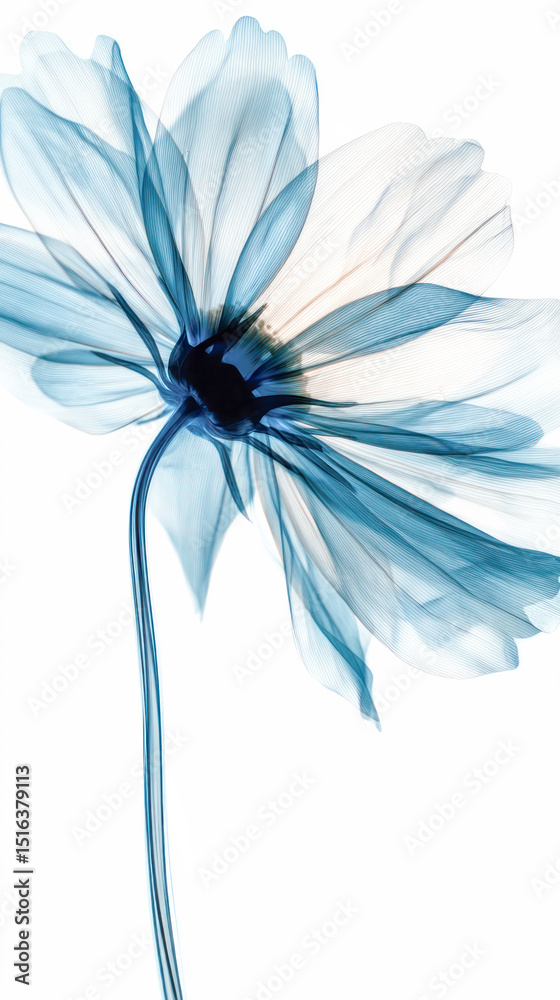 Obraz premium Delicate blue chamomile flower x-ray illustration with soft translucent petals and graceful stem, showcasing ethereal beauty and artistic expression in nature