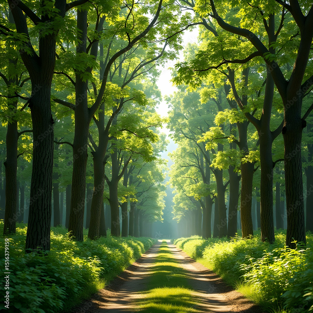 Obraz premium Forest Path Through Lush Green Trees Leading to Sunlight
