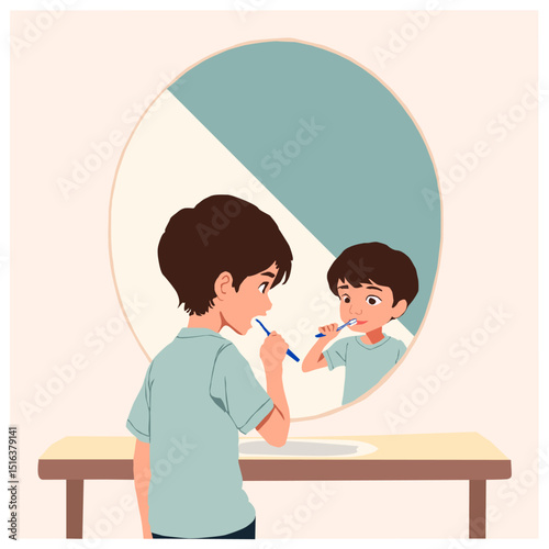 Vector illustration of a boy brushing his teeth while looking at himself in a mirror before going to school, in a home setting.