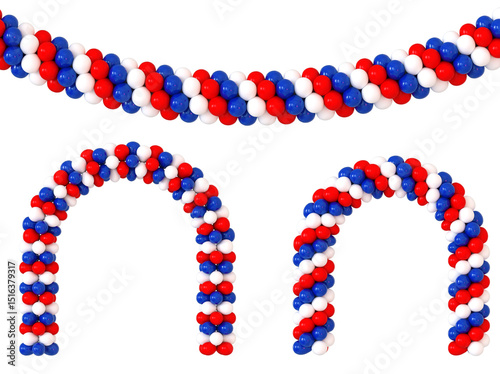 set arches de ballons tricolore aux couleurs de la France pour le 14 juillet, les commémorations ou les french days - illustration 3D sur fond transparent