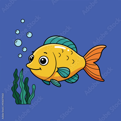 A cute cartoon goldfish swims happily amidst bubbles and seaweed in a vibrant blue underwater scene.