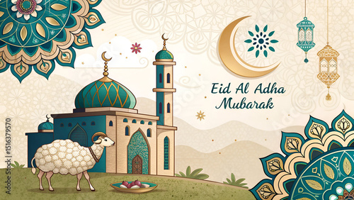 Vector of Eid Al Adha Mubarak for the celebration of Muslim community festival, Generative AI