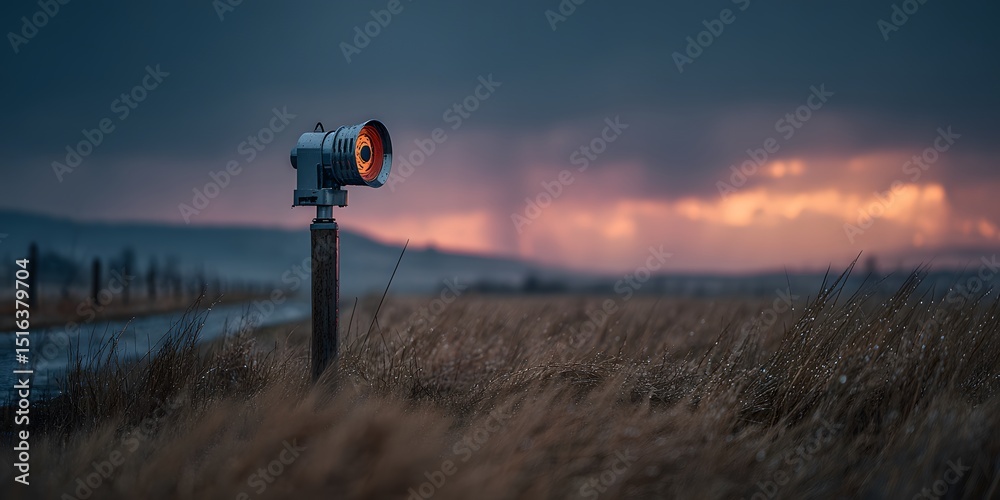 Obraz premium Chrome cup anemometer atop weathered steel pole against stormy twilight skies with slate grey and purple gradient. Rain droplets visible on sensors; blurred grassland.