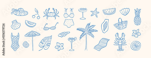 Summer vacation doodle illustration set. Beach and sea travel elements. Hand drawn palm tree, fruit, lobster, seafood, shell, bikini, cocktail. Coastal collection for card, prints, wedding invitation.
