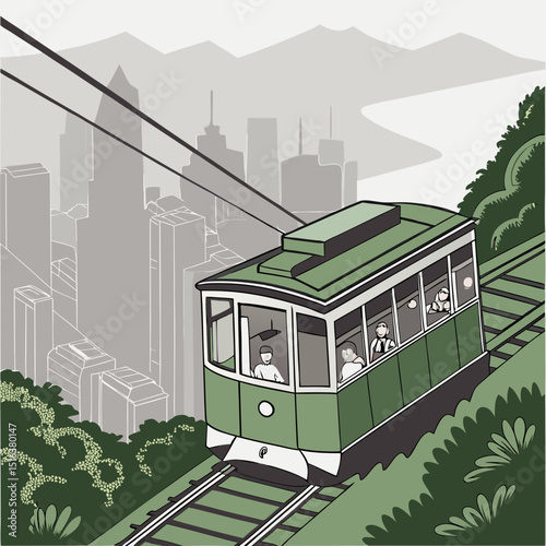 The famous green tram on the slope of Victoria Peak in metropolis Hong Kong passes, lifting up visitors to the observation deck at the top peak.
