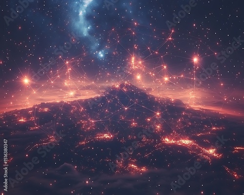 A mountain with networks illuminated by stars in a night sky