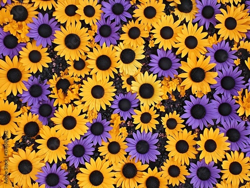 Close up view of many colorful blooming flowers together