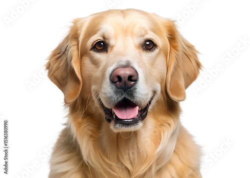 Happy golden retriever dog smiling in a cute pose with half body and open mouth white background
