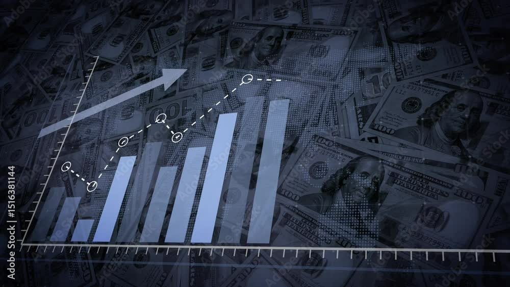 Animation of an ascending blue histogram following an arrow against a background of dollar bills. 3D rendering.
