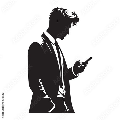Man strolling on a city street, focused on his phone, relaxed body language, detailed vector silhouette , black colour vactor  