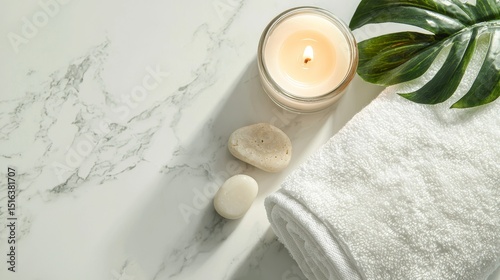 Spa Day  Candle  Towel  Stones  Leaf on Marble