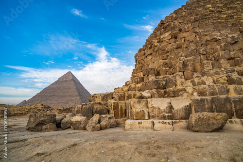Khafre and Khufu Pyramids of  in Giza pyramid complex, Cairo, Egypt.