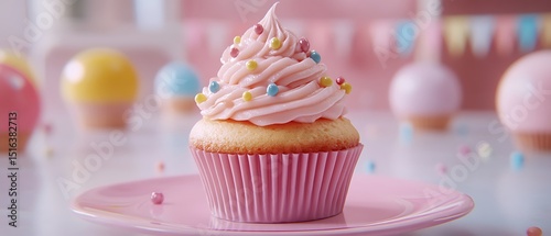 Festive cupcake with pink frosting and colorful sprinkles