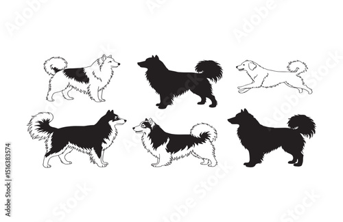 Collection of Dog Silhouettes Husky, Spitz, and Other Breeds in Black and White