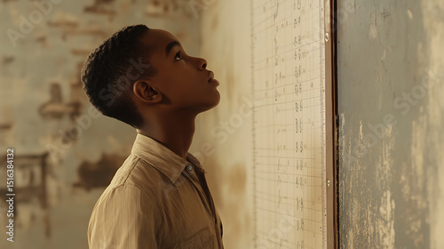  A young man measured against a height chart, displaying physical growth 