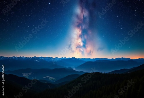 Breathtaking night sky panorama over majestic mountains and forest , astrophotography, cosmic
