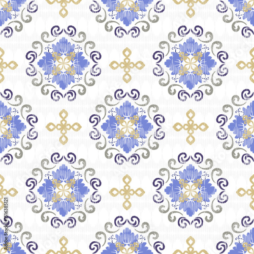 Blue floral ikat seamless pattern illustration in traditional style. Portuguese tiles. Ideas for elaborate borders, fashionable modern wallpaper, or textiles.