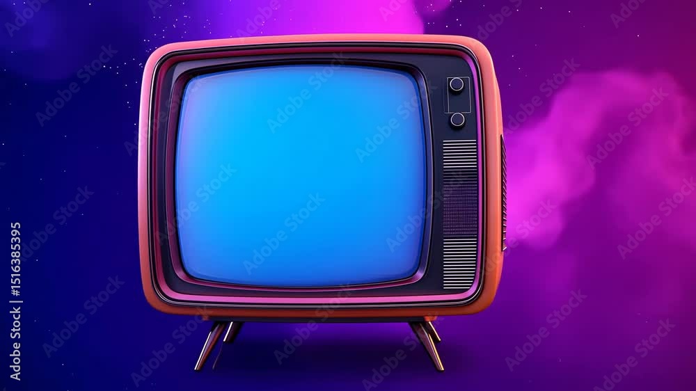 Orange retro vintage tv set with blue screen displayed on various colorful neon glowing cloud backgrounds