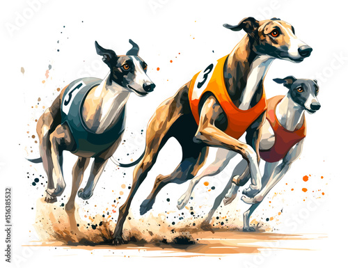 Dog racing. Greyhounds Run. Animal. Sport. Track. Racetrack. Close-up. Banner. Vector illustration