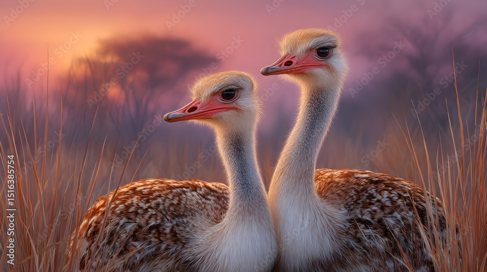 Fototapeta premium A pair of ostriches standing side by side in a grassy open field, captured in natural daylight, highlighting their size and wild elegance.