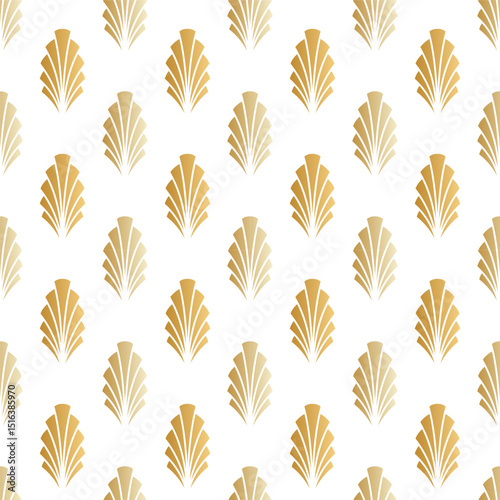 Gold metallic art deco signs on the white background. Geometry symbols seamless pattern. Vintage style repeating wallpaper. EPS 10 golden ornate design vector backdrop.